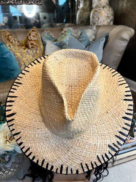 WYETH straw teardrop crown wide brim black thread stitched hat